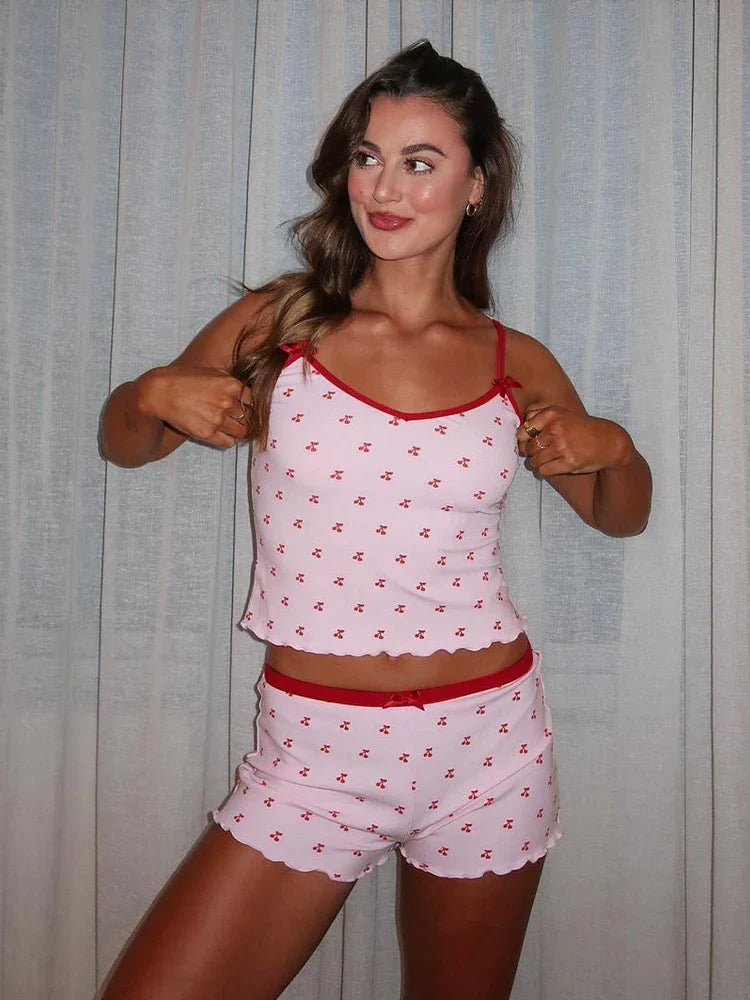Cherry Print Two-Piece Matching Set with Slim Crop Camisole Top and Bow-Accent Shorts Summer Casual Festival and Workout Outfit for Women