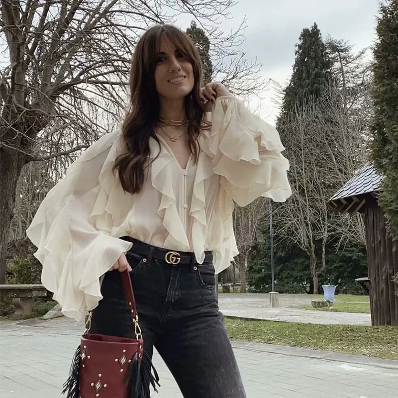 Women's Semi-Transparent V-Neck Tiered Decoration Long Sleeve Casual Shirt Blouse Top