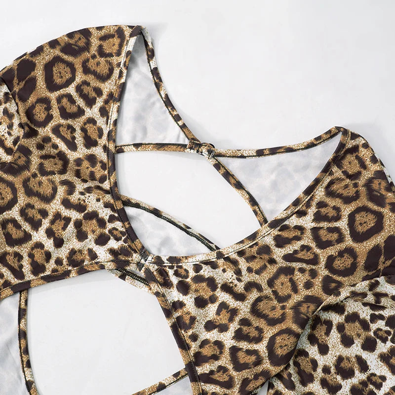 Leopard Print Long-Sleeved Crop Top with High-Waisted Trendy Jumpsuit Sexy Chic Stylish Outfit for Women
