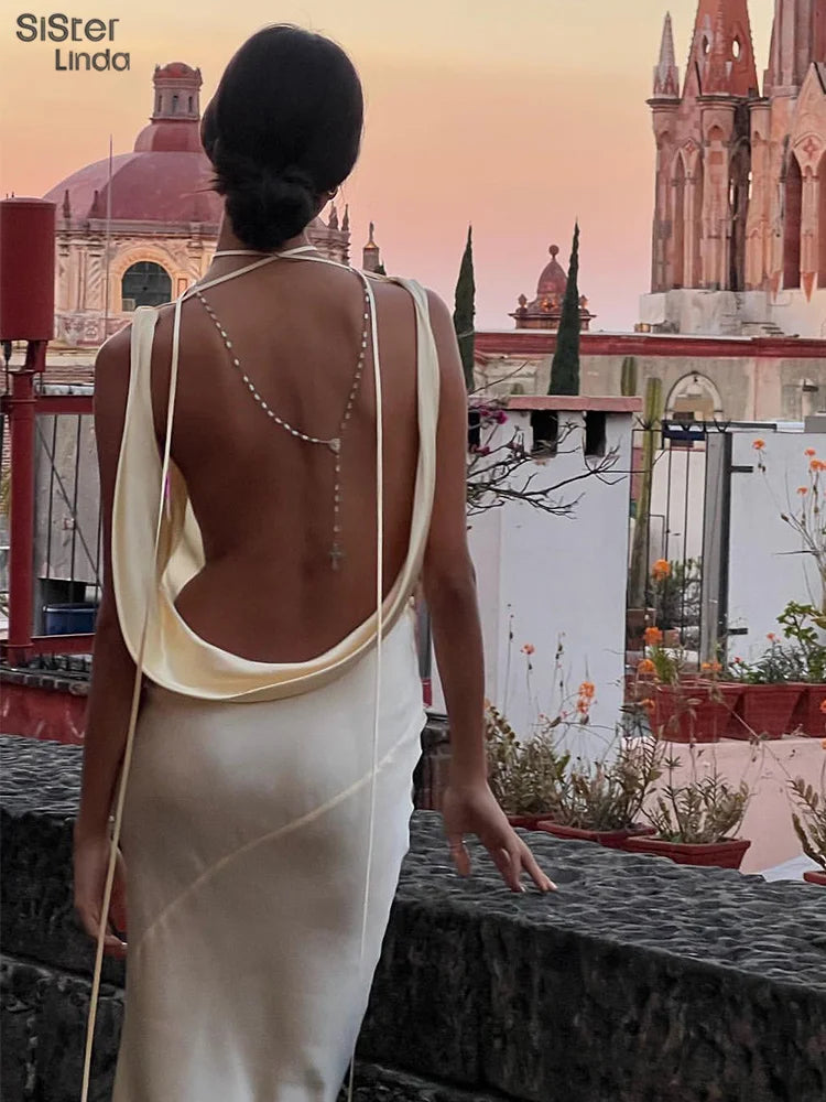 Backless Maxi Dress Women V Neck Lace Up Bodycon Clubwear