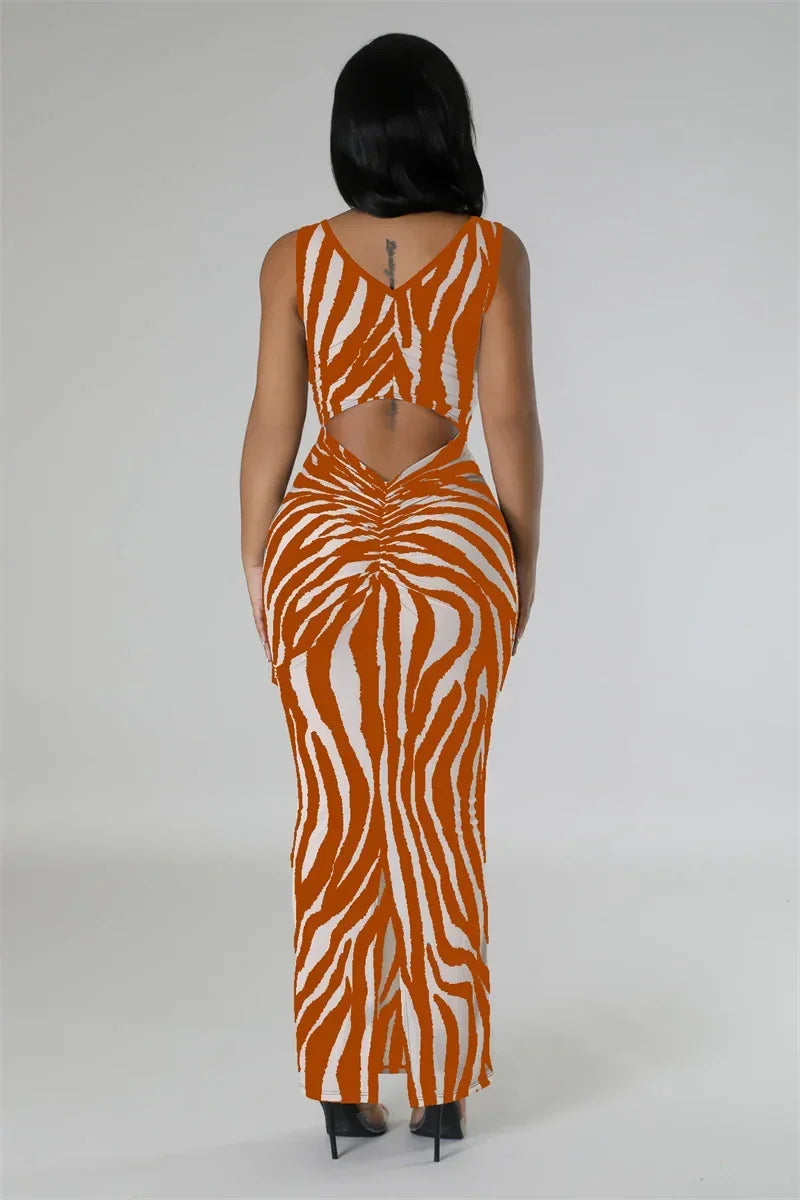 Zebra Print Bodycon Maxi Dress Ruched Sleeveless Party