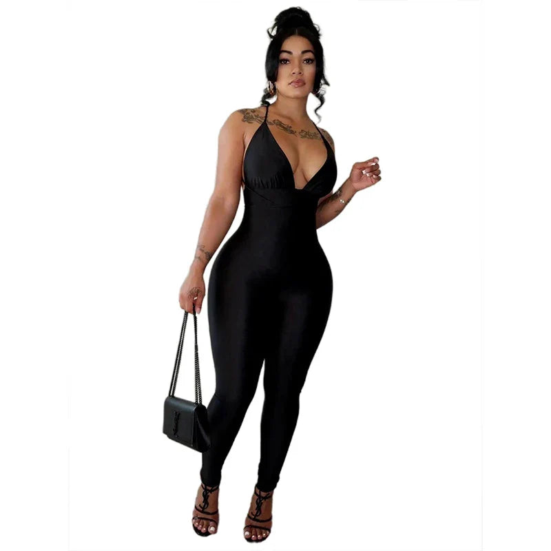 Women's Hanging Neck Low Cut Open Back Sexy Jumpsuit Slim Fit Nightclub Party Outfit