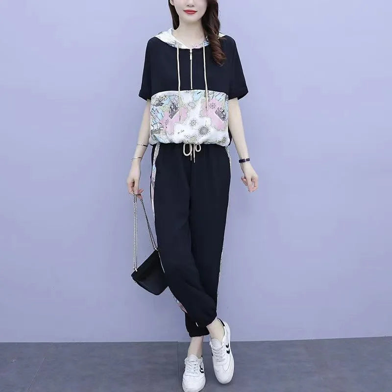 Women's Casual Two Piece Set with Hooded T-Shirt and Contrast Printed Pants for Spring and Summer Fashion