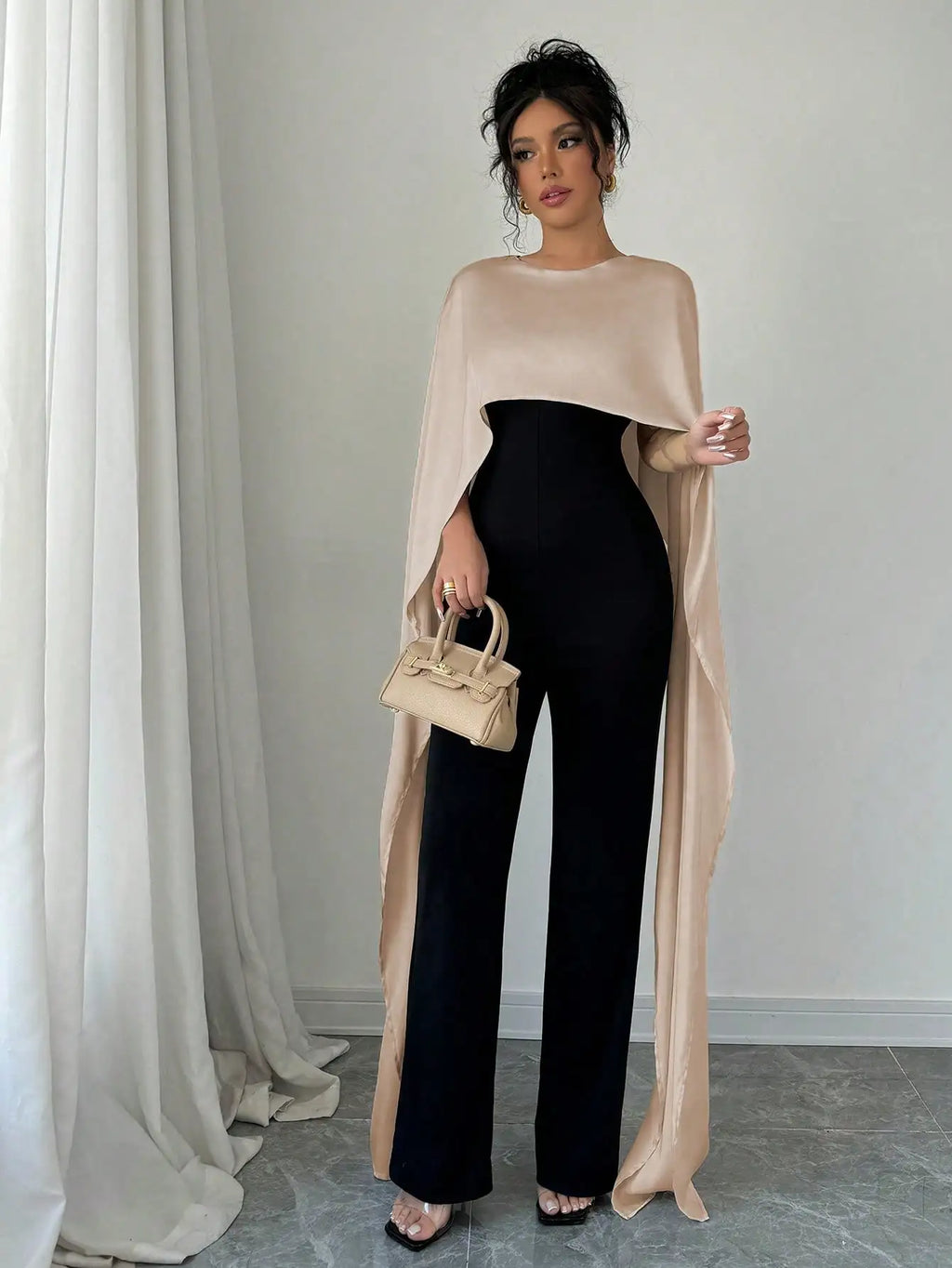 Elegant Womens Autumn Winter Jumpsuit with Fake Two Capes Patchwork Design Round Neck and Back Split