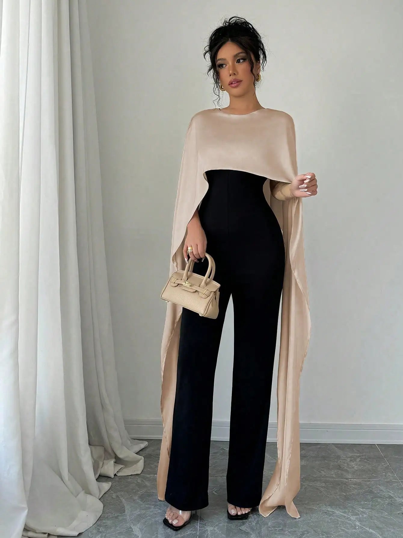 Elegant Womens Autumn Winter Jumpsuit with Fake Two Capes Patchwork Design Round Neck and Back Split