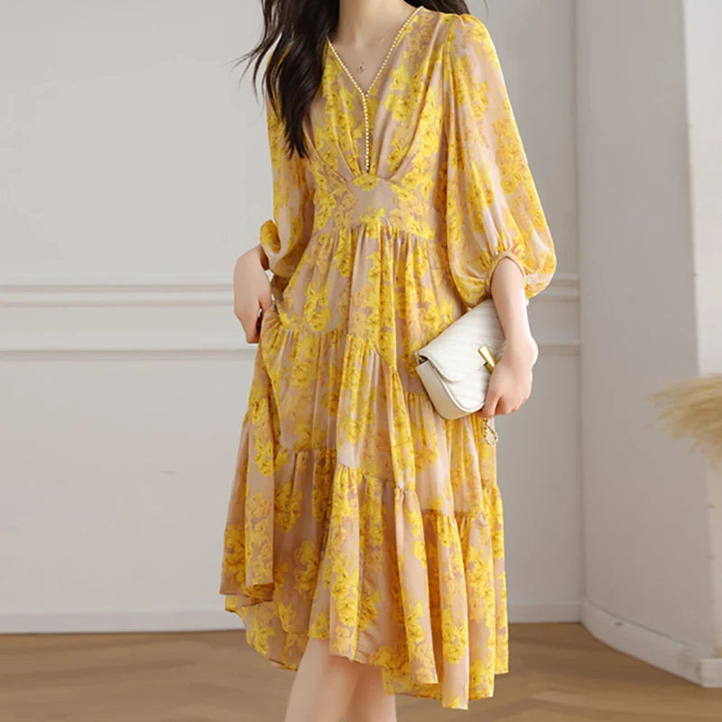 Floral Chiffon Dress For Women V Neck A Line Dress