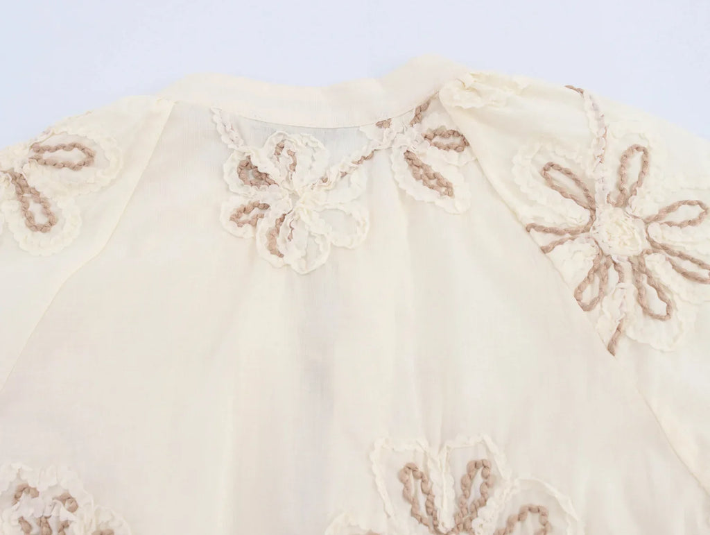 Womens Flower Embroidered Cropped Blouse Loose Tassel Lantern Sleeve Round Neck Chic Top