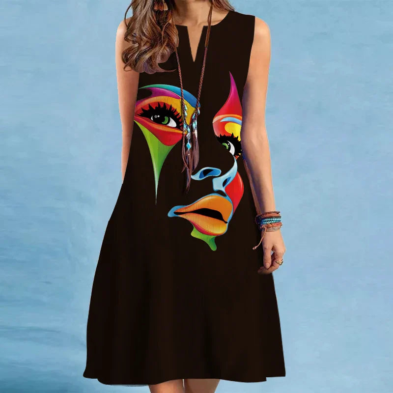 V Neck Sleeveless Printed Dress For Women Medium Length