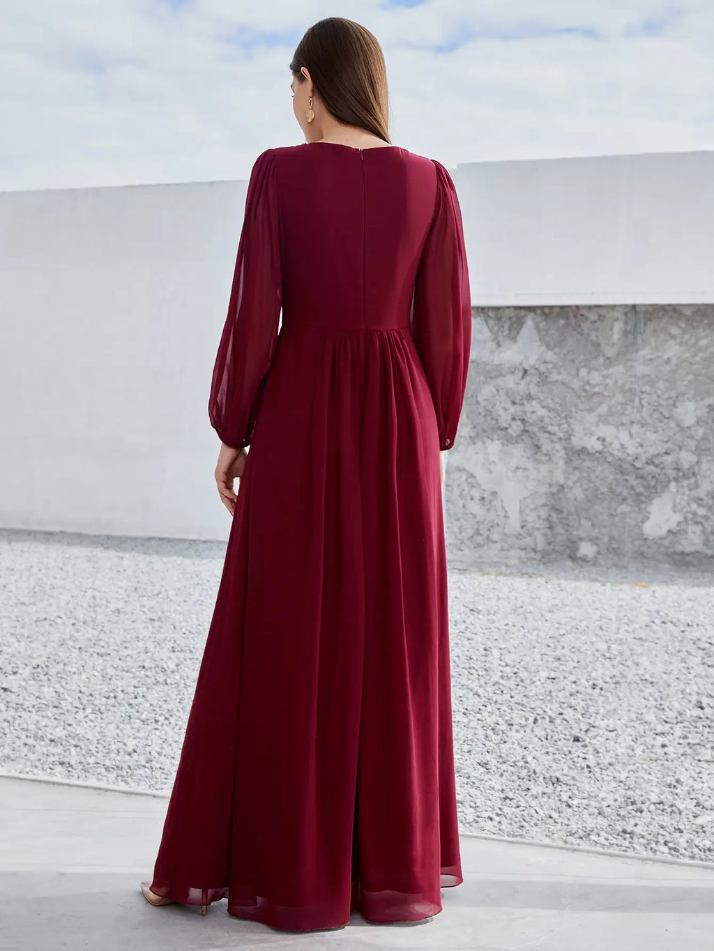 Beaded Print Chiffon V Neck Long Sleeve Evening Gown