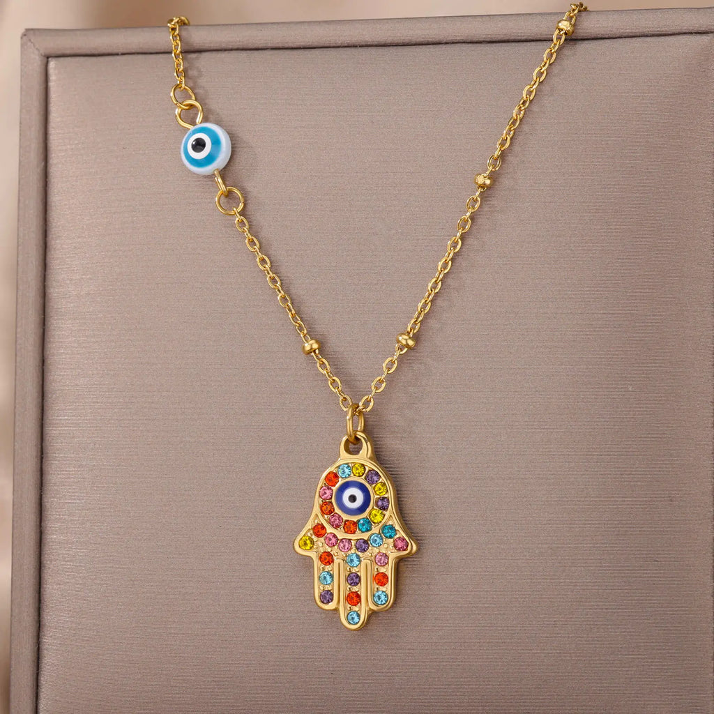Turkish Hamsa Evil Eye Necklace for Women Stainless Steel Gold Color Charm Choker Jewelry Gift