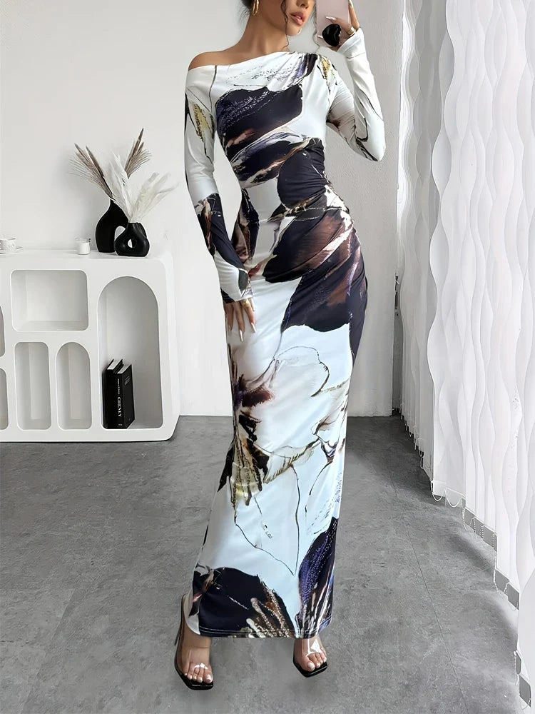 Off Shoulder Dress Slim Fit Printed For Spring Summer