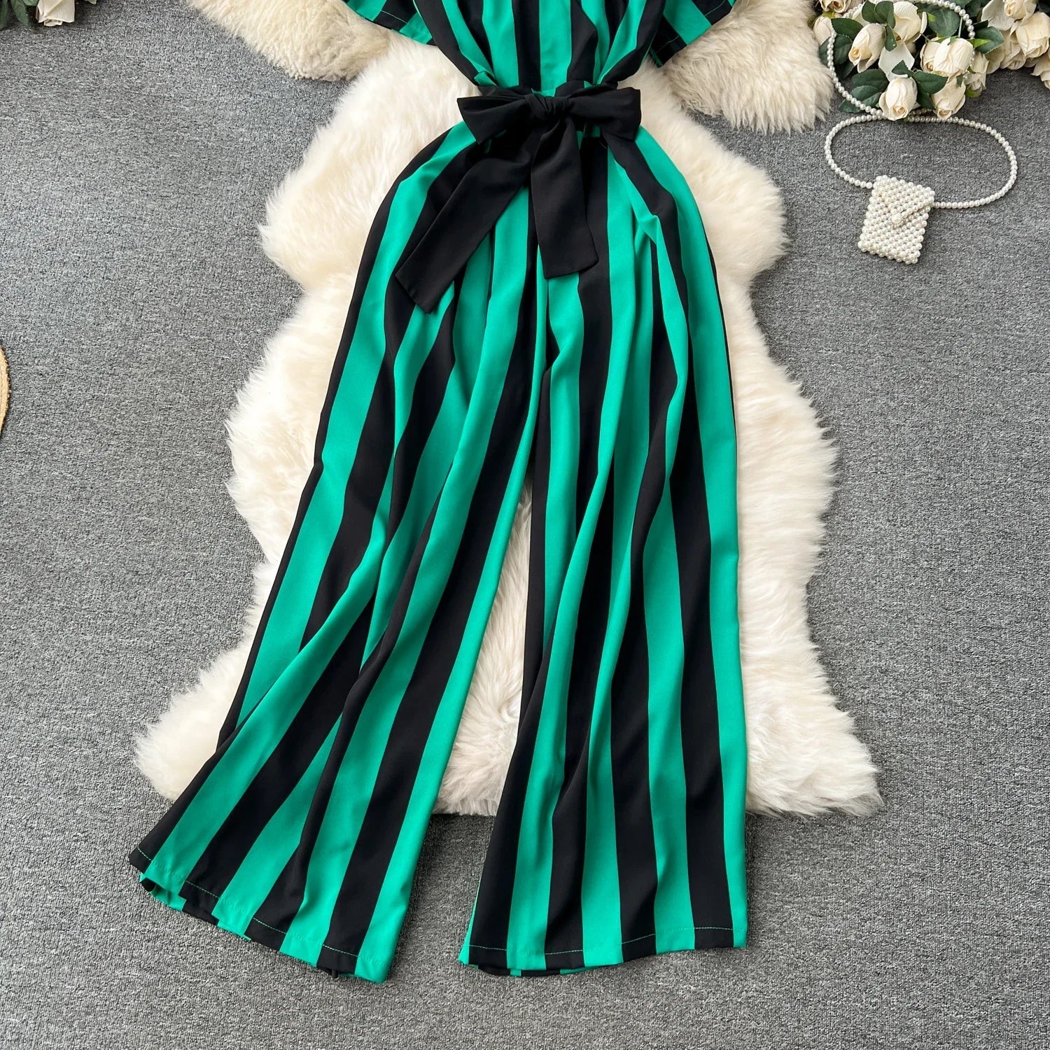 Sleeveless V Neck Stripe Jumpsuit for Women with Lace Up Bow Detail Summer Long Romper High Street Korean Inspired Style