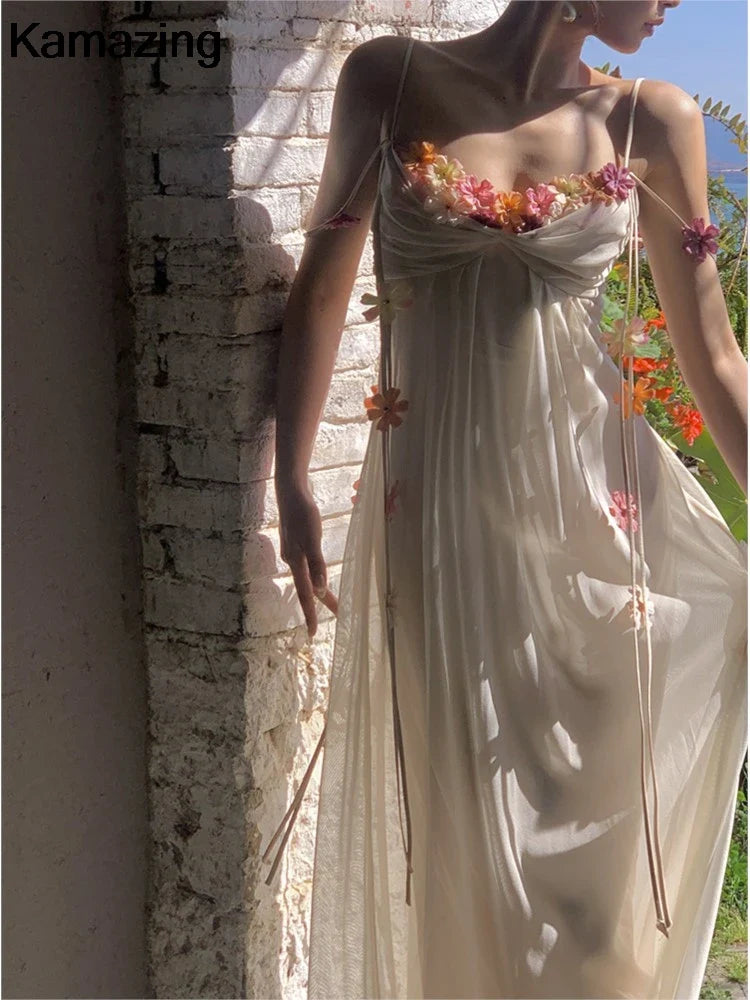 Boho Flower Maxi Dress Spaghetti Strap Beach Party
