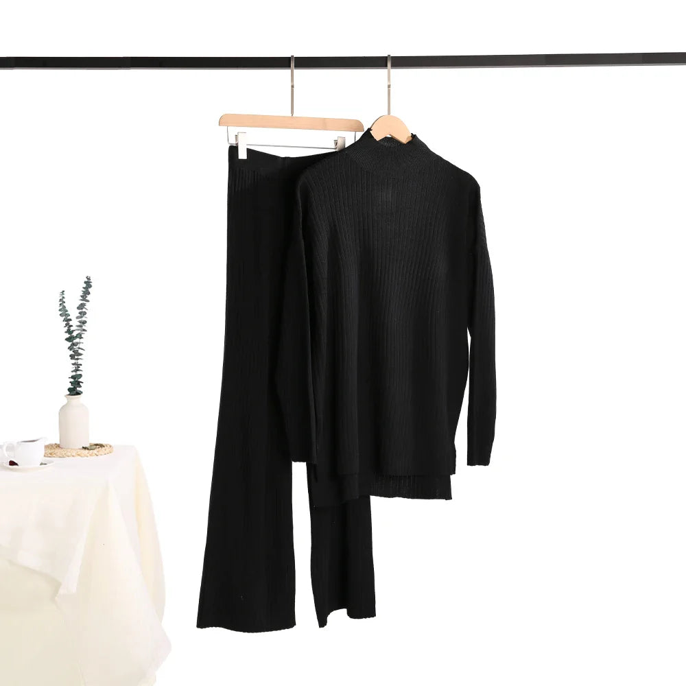 Autumn Winter Women's Knitted Tracksuit Set with Half Turtleneck Sweater and Wide Leg Jogging Pants