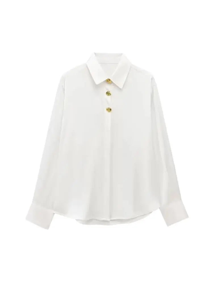 Long Sleeve Lapel Collar Blouse for Women with Fashion Gold Buttons Chic Elegant Office Shirt