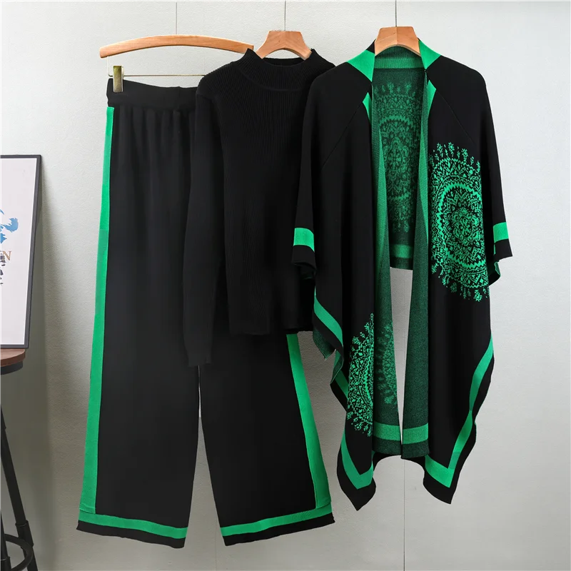 Cozy Knit Shawl Sweater Three Piece Set for Women Loose Wide Leg Pants Casual Jacket Solid Color Autumn Winter Outfit