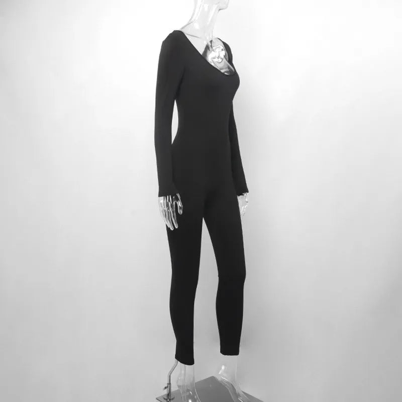 Women's Black Long Sleeve Bodycon Jumpsuit Slim Fit Sexy Solid Romper Casual Sporty Skinny Streetwear for Autumn Winter