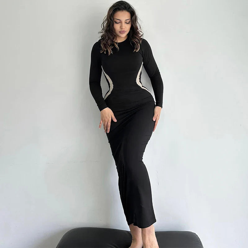 Black Long Sleeve Bodycon Dress Ankle Length Party Wear