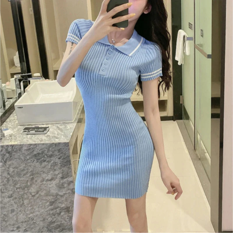 Preppy Style Cotton Knit Dress Turn Collar Short Sleeve