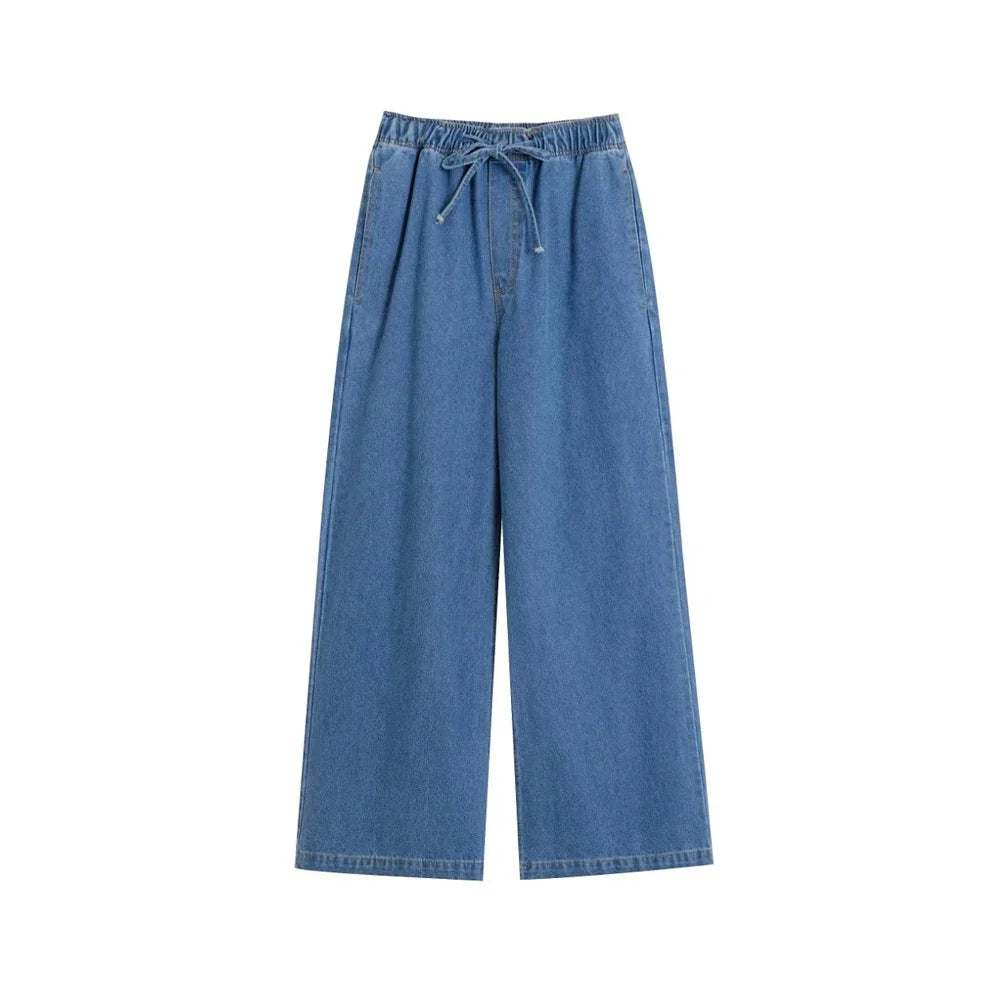 Women's Denim Loose Shirt with Pockets and High Elastic Waist Wide Leg Pants Two Piece Set