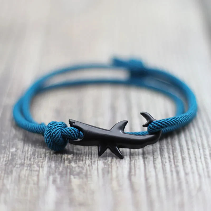 Unisex Double Layer Shark Bracelet Adjustable 3mm Cord Chain Beach Jewelry for Surfers