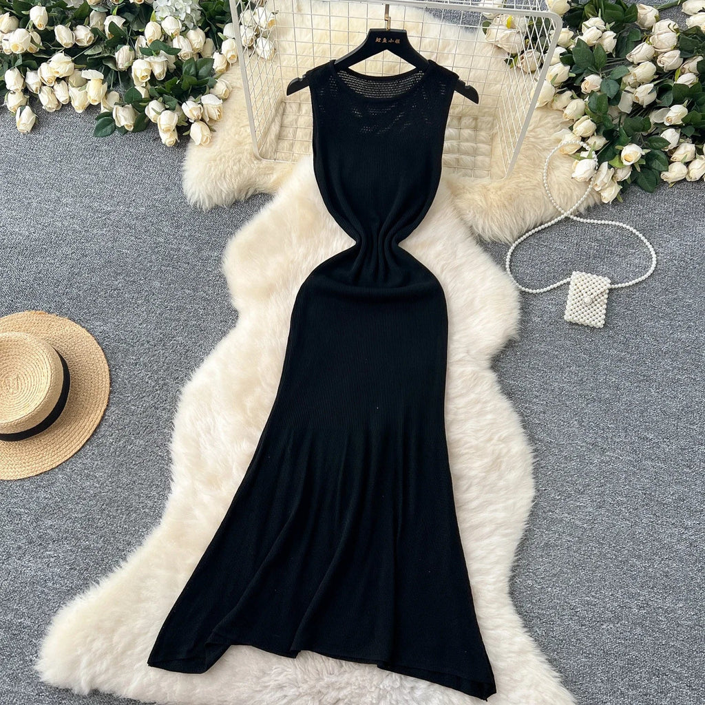 Hollow Out Knitted Dress Sleeveless O Neck A Line Midi