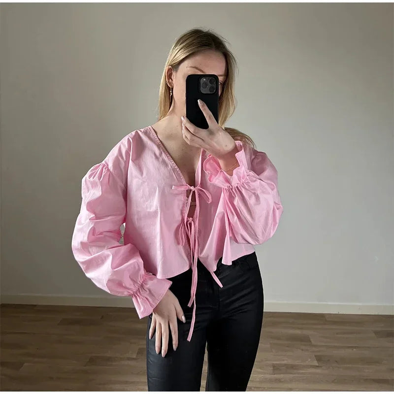 Elegant Solid Lace-Up V-Neck Blouse for Women with Lantern Sleeves and Hollow Out Detail Loose Fit Chic Female Shirt