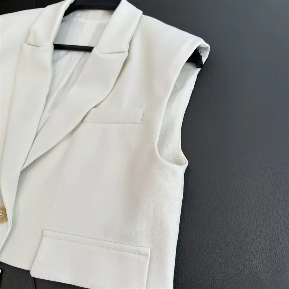 Fashionable Flip Cover Short Vest and Wide Leg Long Pants Set for Effortless Style