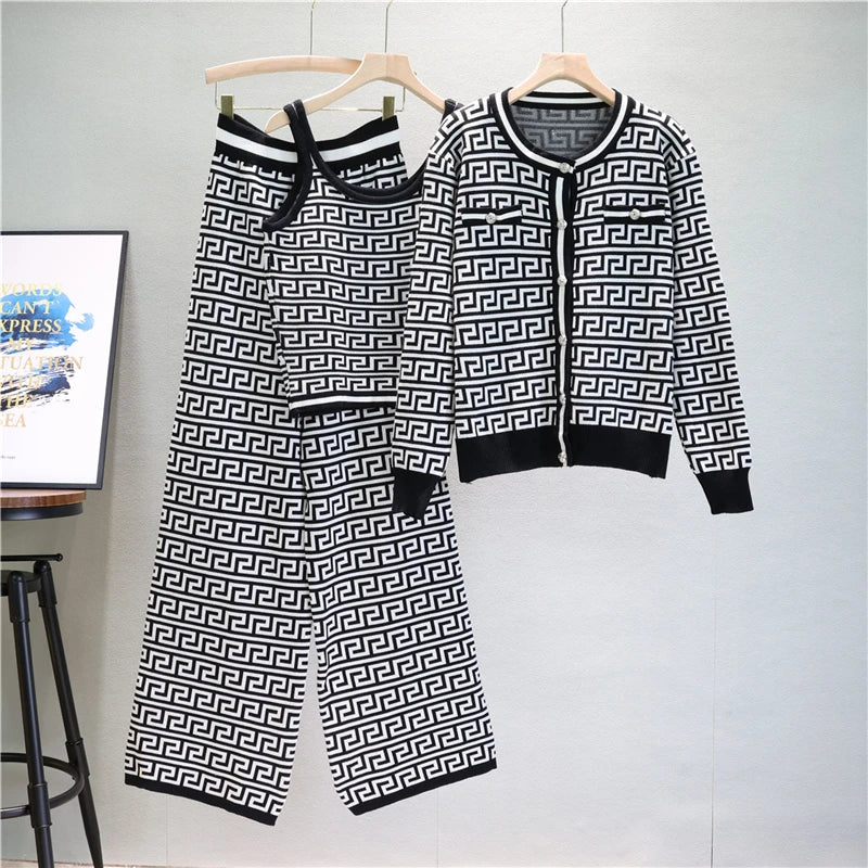 Elegant Casual Three-Piece Women's Houndstooth Printed Vest and Trousers Set