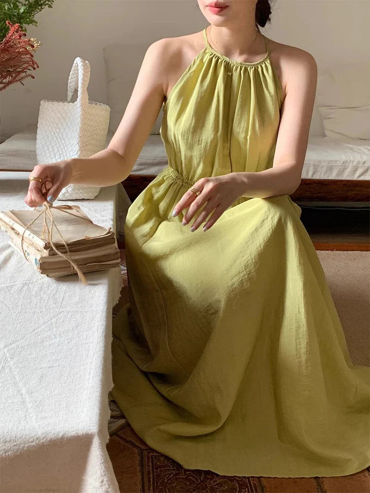 Elegant Y2K Halter Neck Dress Off Shoulder Hollow Waist