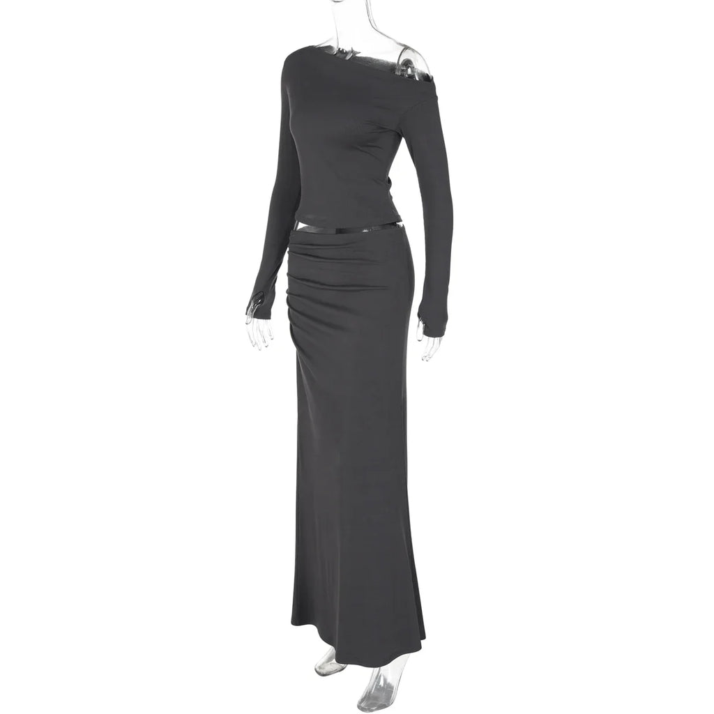 Solid Skew Collar Long Sleeve T-Shirt and Ruched Maxi Skirt 2-Piece Set Women's Y2K Fashion Outfit for Fall Night Party and Vacation