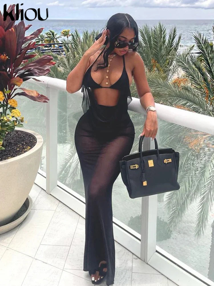 Mesh Halter Neck Two Piece Set For Women Sheer Swinging Crop Top With Solid Long Skirt Sexy Summer Midnight Outfit