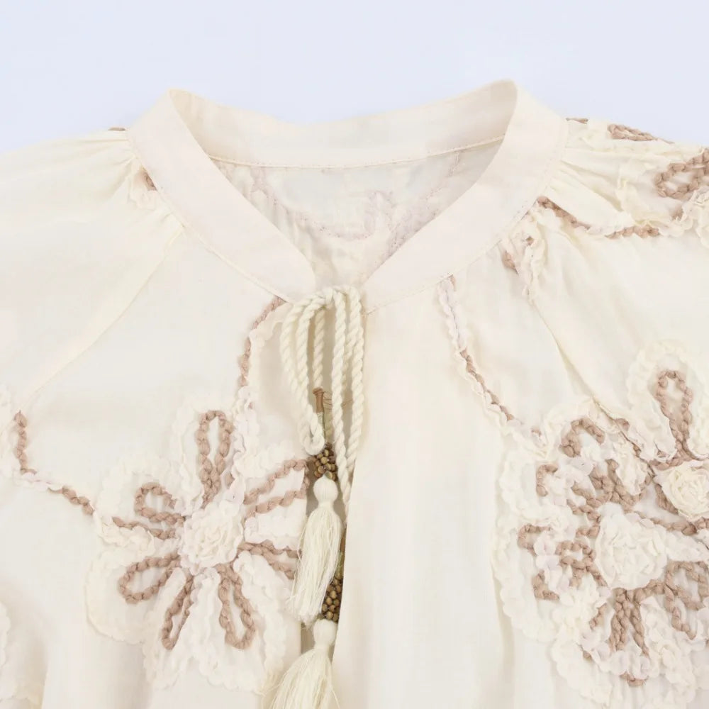 Womens Flower Embroidered Cropped Blouse Loose Tassel Lantern Sleeve Round Neck Chic Top