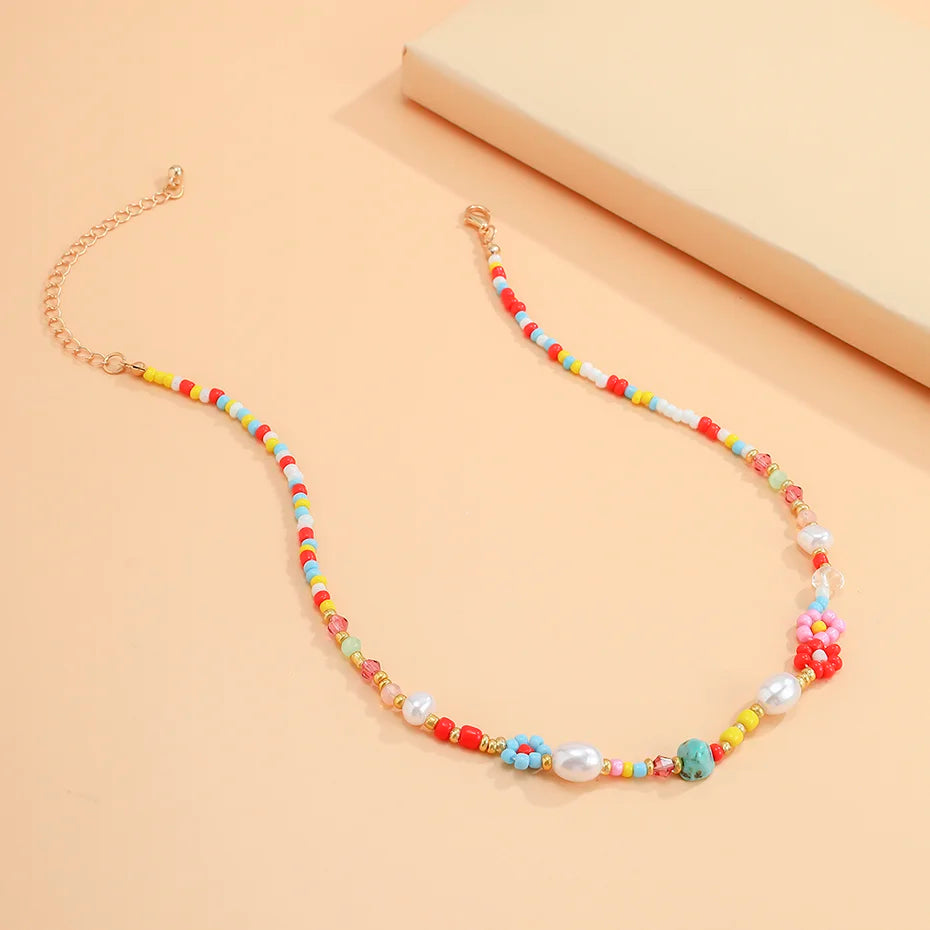 Baroque Simulated Pearl Colorful Flower Beaded Choker Necklace for Women and Girls