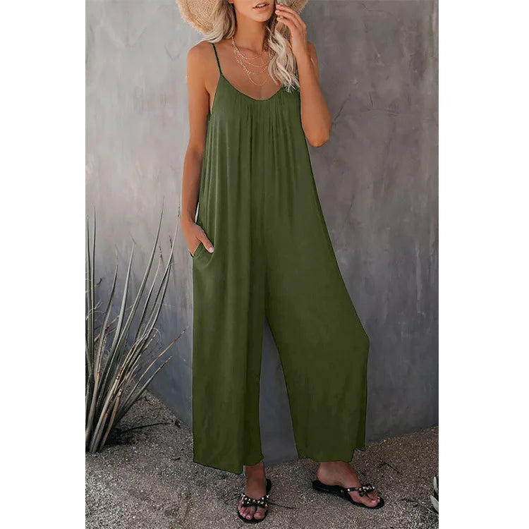 Women's Summer Strap Jumpsuit with Solid Color Design and Convenient Side Pockets Casual Lightweight Romper