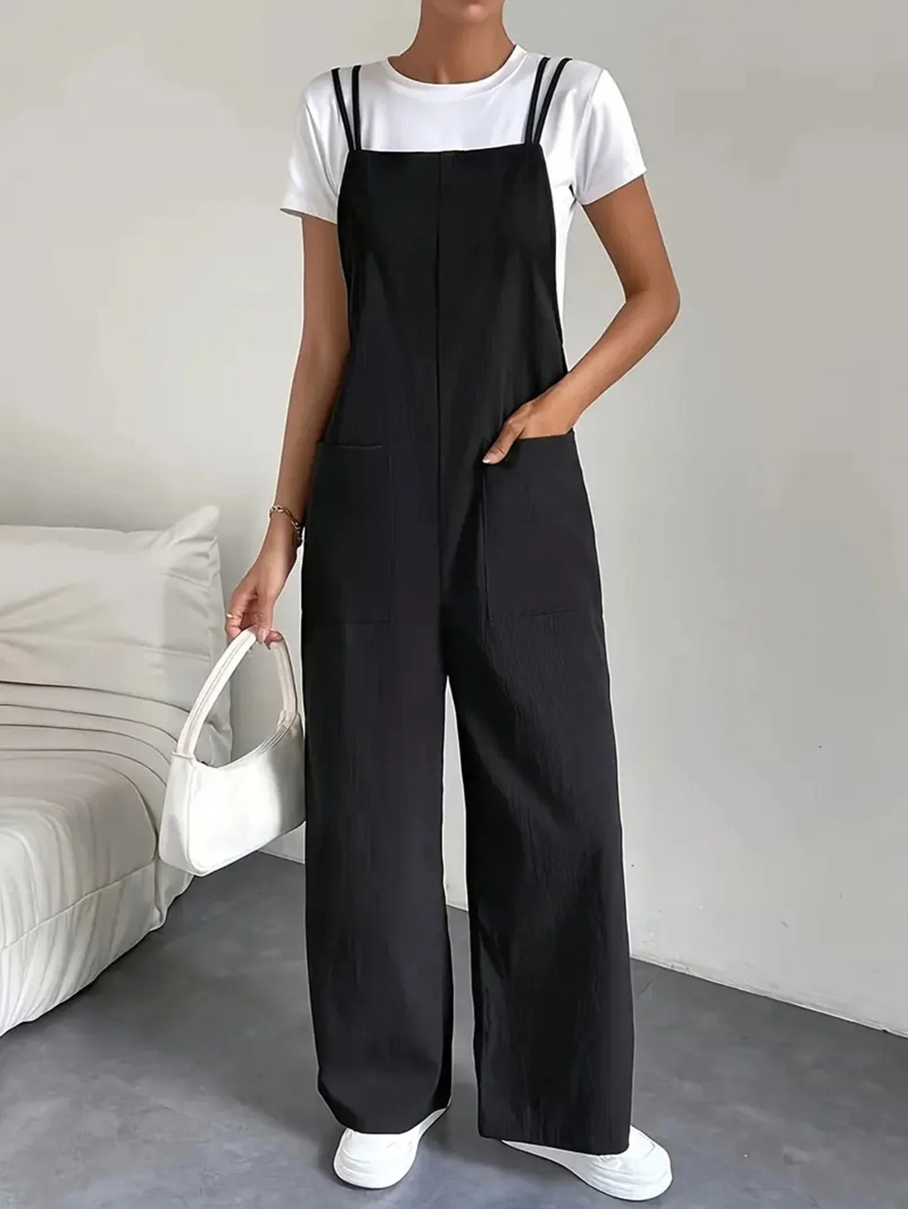 Casual Women's Pure Black Jumpsuit with Pockets and Adjustable Shoulder Straps Slim Fit Straight Leg Wide Leg Workwear Pants