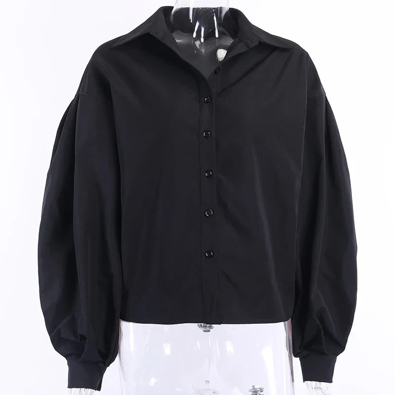 Women Vintage White Button-Up Blouse Casual Lantern Sleeve Oversized Loose Cotton Shirt Stylish Office Ladies Tops