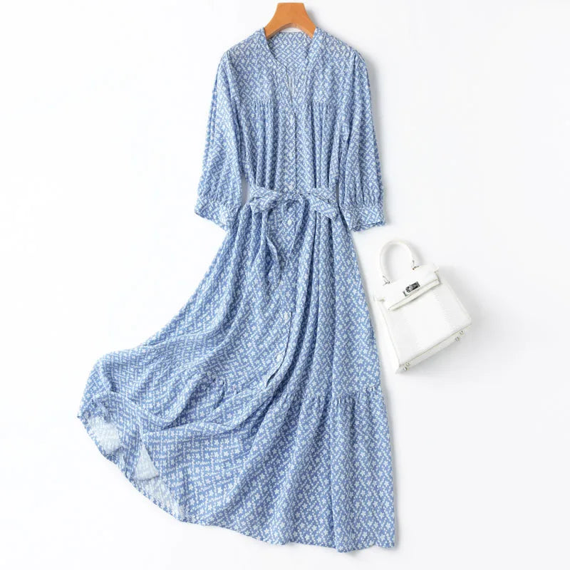Silk Midi Dress For Women Blue Floral Ruffles V Neck