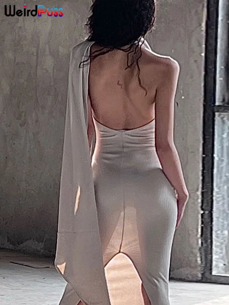 Backless Halter Evening Dress With Scarf And Split Detail