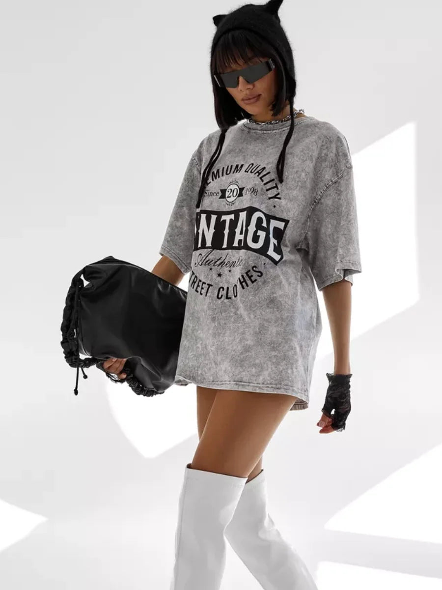Oversize Vintage Washed T Shirt for Women Loose Streetwear Distressed Half Sleeve Harajuku Style