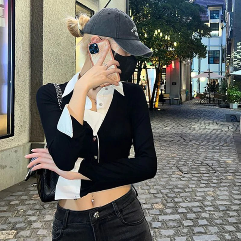 Y2K Two Piece Illusion Crop Top Women's Patchwork Slim Fit Long Sleeve Shirt Casual Streetwear Blouse for Spring and Autumn