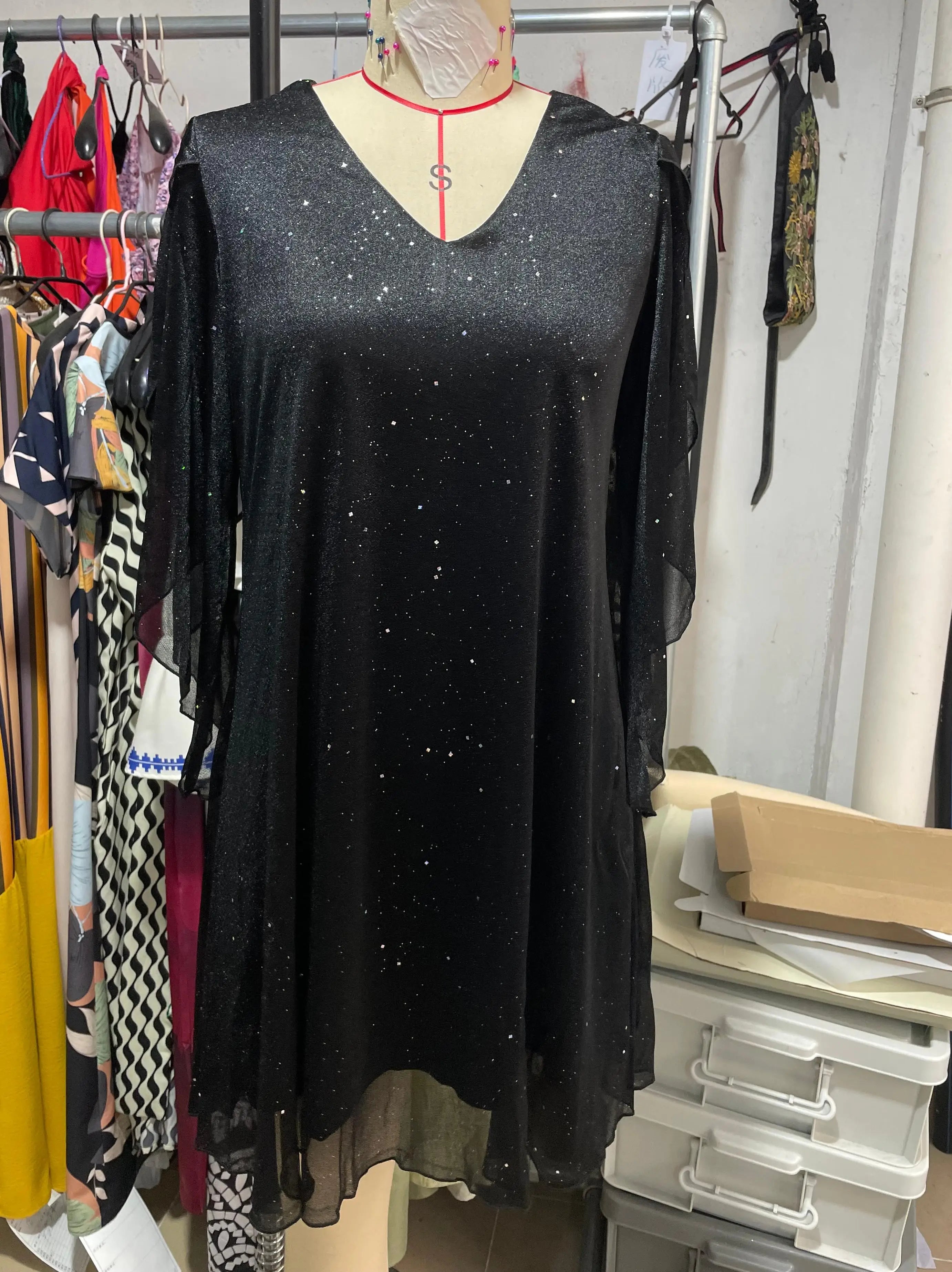 Women Summer Short Sleeve Dress V Neck Loose Fit Black