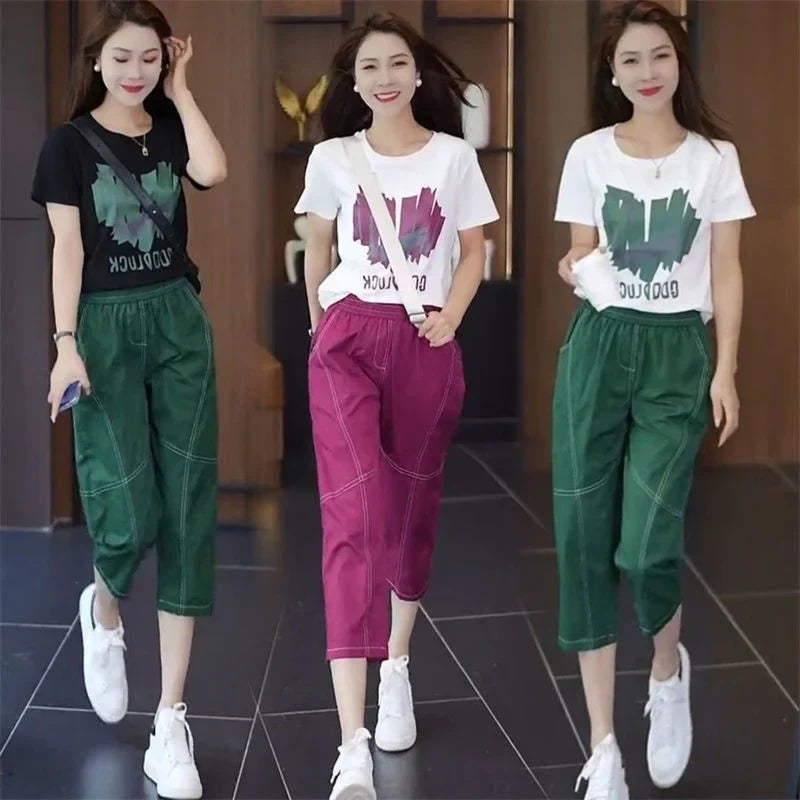 Women's Casual Summer Two Piece Set with Short Sleeve T-Shirt and Calf-Length Pants
