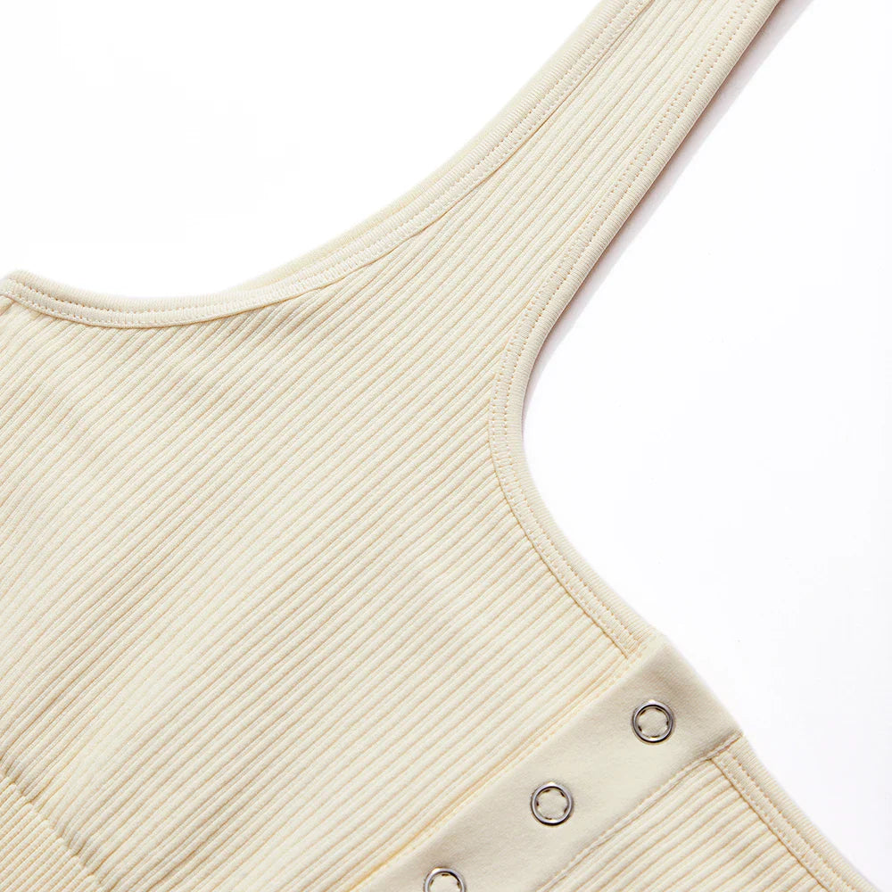 Women's Button Front Square Neck Ribbed Sleeveless Skinny Bodysuit Slimming Shapewear Casual Tank Top