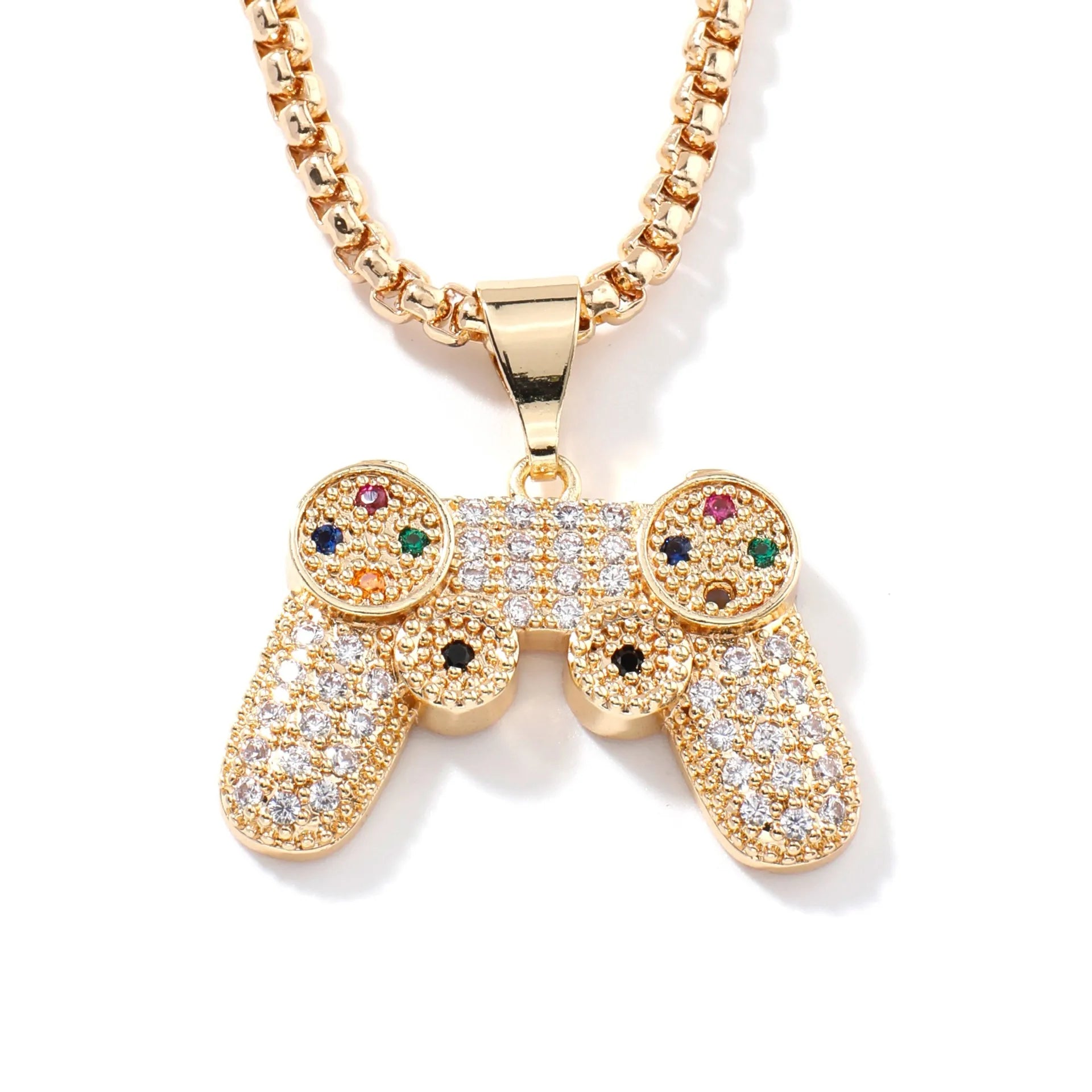 Trendy Gamepad Lightning Stainless Steel Necklace for Women and Men in Gold Color with Crystal Embellishments