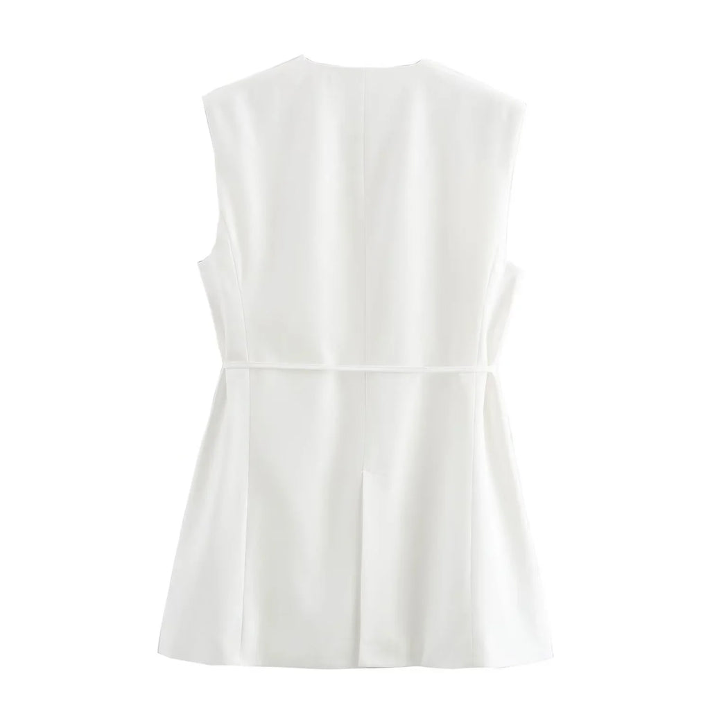 Women's Casual Black Sleeveless Split Design Vest Pants Set with Belt for Autumn Commuting