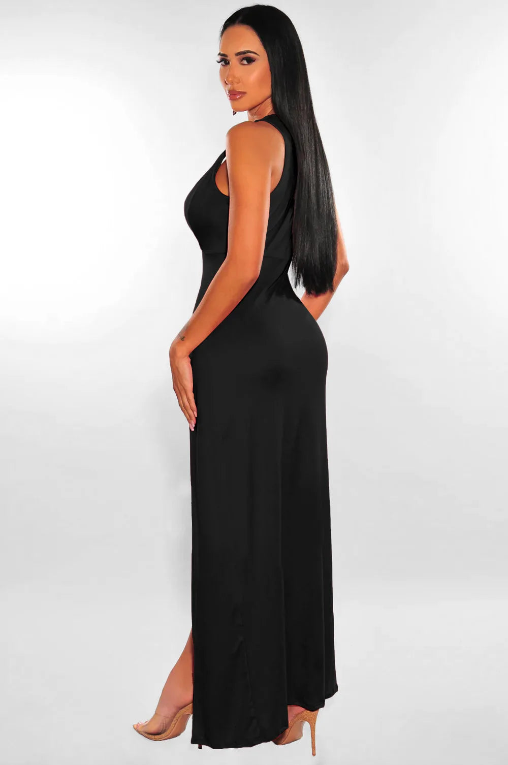 Backless V Neck Sleeveless Maxi Dress With Slit For Party
