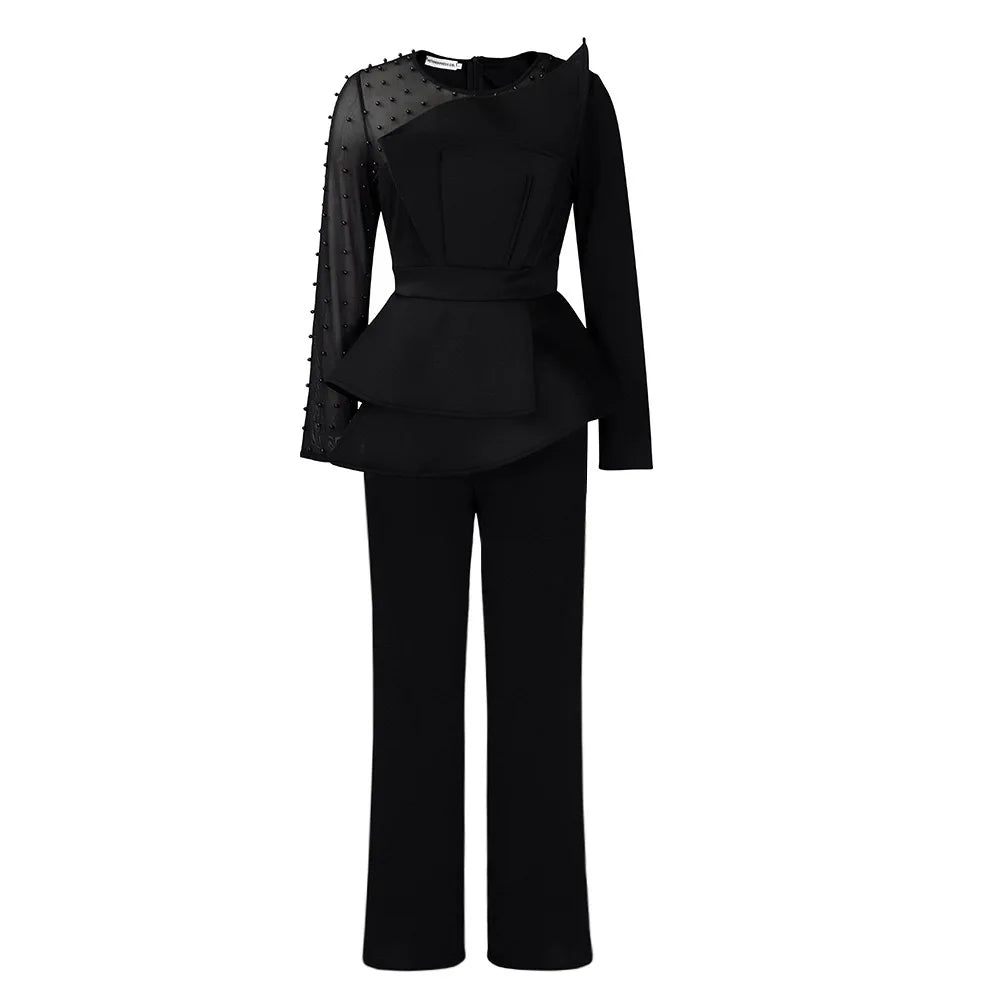 Elegant High Waisted Jumpsuit for Women with Round Neck Beaded Detail and Transparent Sleeves Perfect for Birthday Parties and Special Occasions
