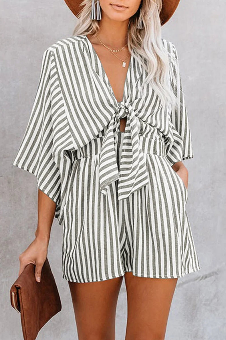 Women's Summer Slimming Striped Jumpsuit with Deep V Neck, Flared Three Quarter Sleeves, and Wide Leg Pants