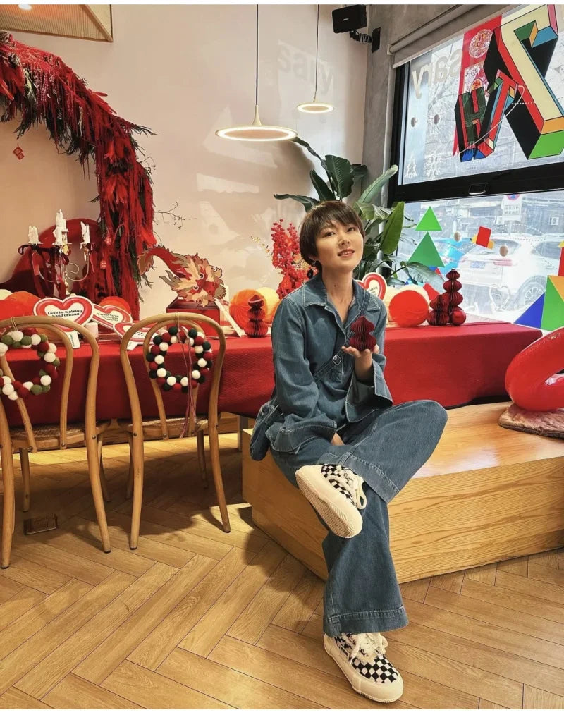 Casual Open Collar Pocket Denim Top and Loose Wide Leg Drawstring Waist Denim Pants Two Piece Set for Women